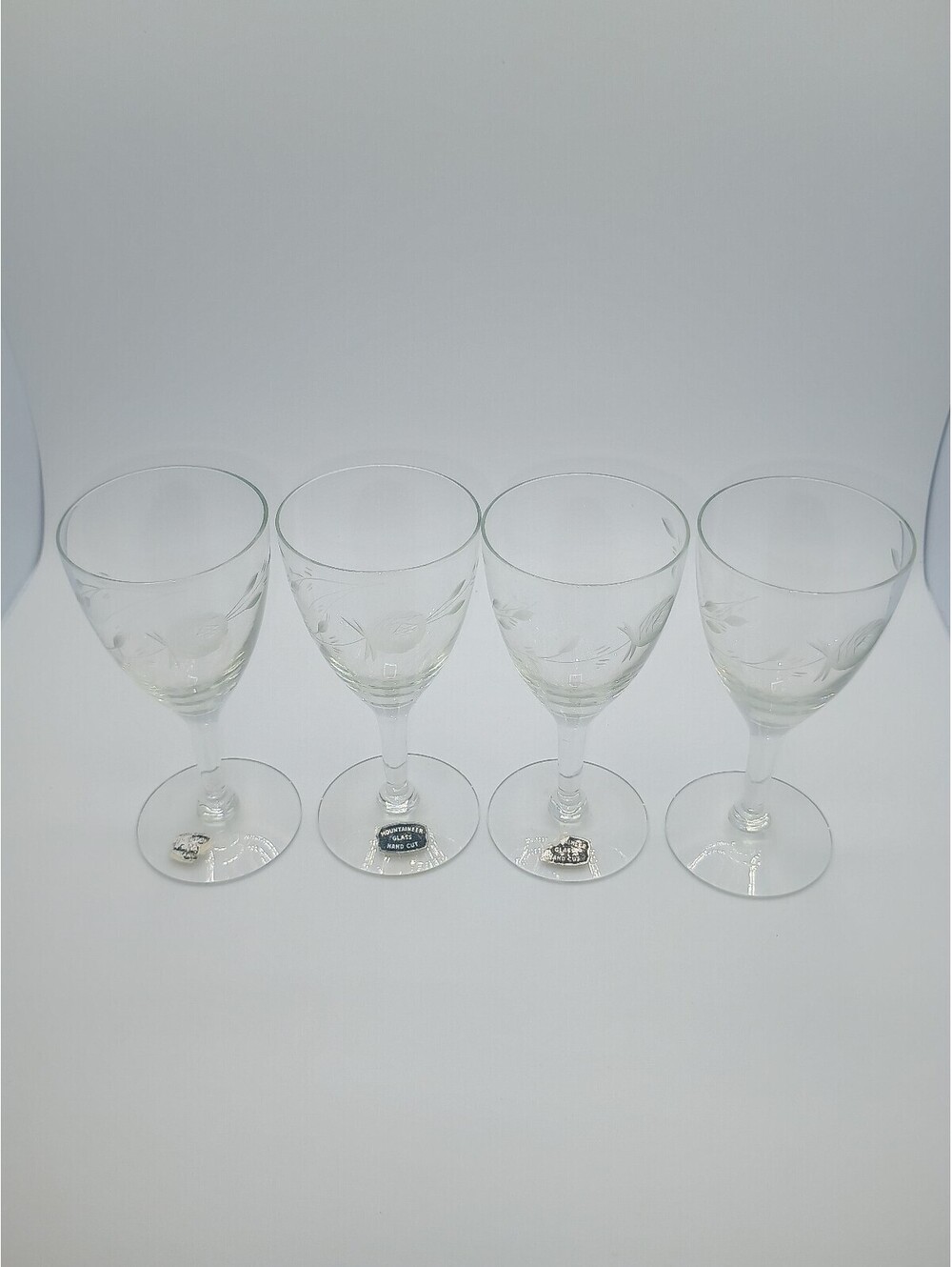 Set of 4 Hand Cut Mountaineer Glass Wine Glasses with Floral Etching